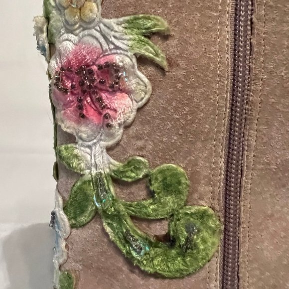 NewPort News Easy Style Tan Suede Upcycled Embroidered Knee Boots - Picture 8 of 13